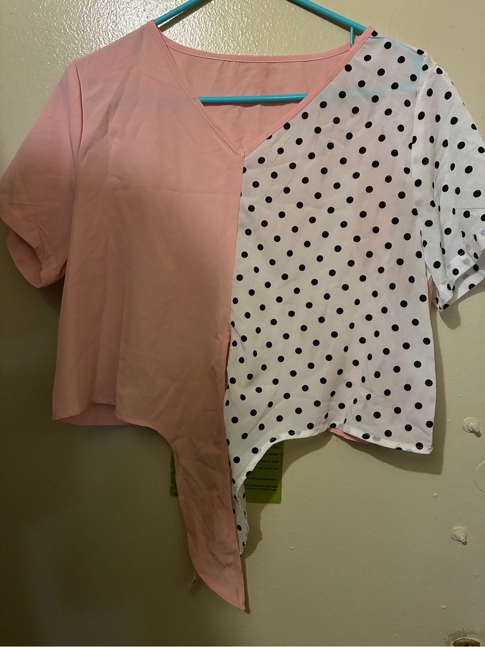 Pink Polka-Panel Short Sleeve Asymmetric Blouse.